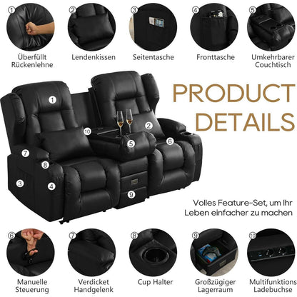 2er Relaxsessel mit Liegefunktion & Konsole – Schwarz