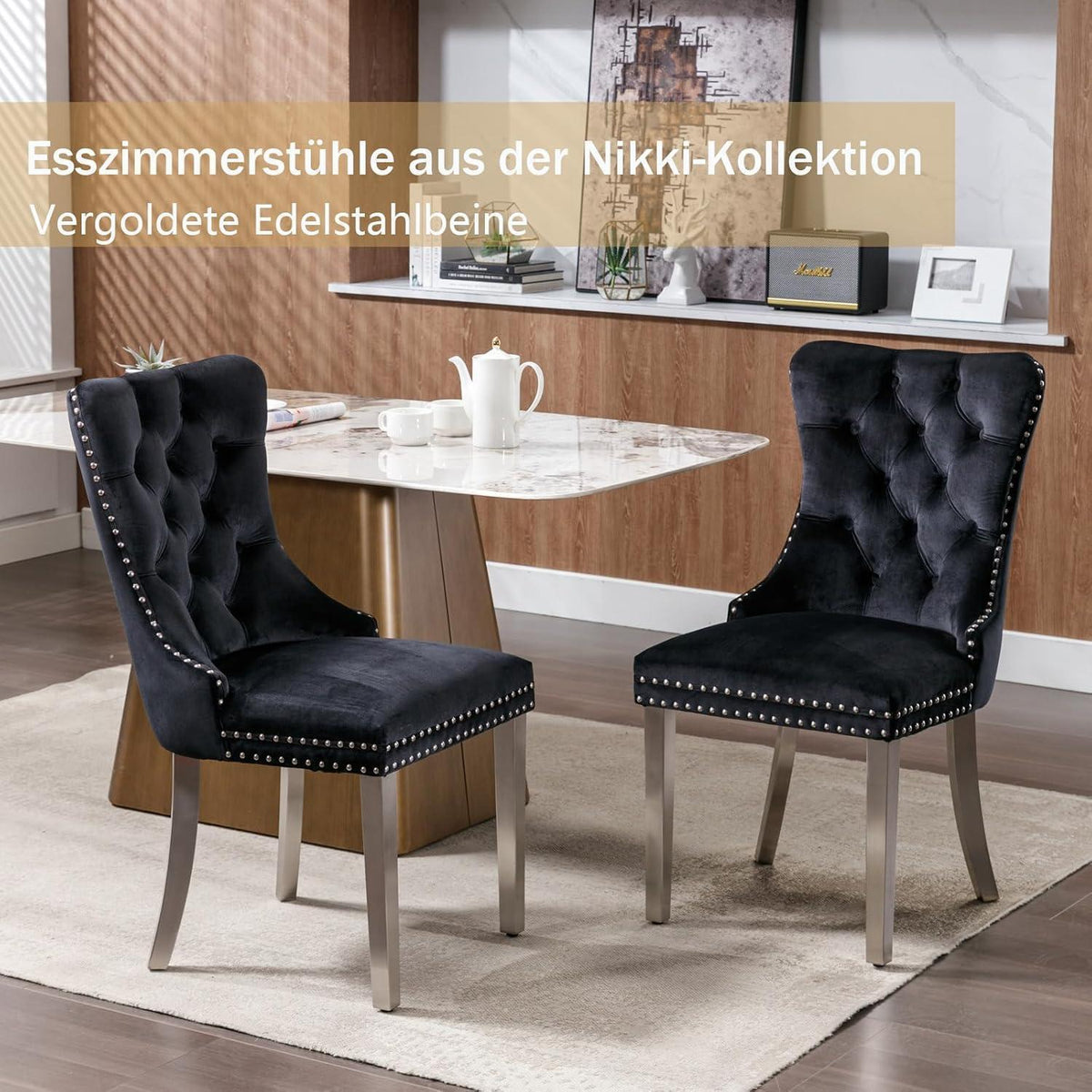 Samt Esszimmerstühle 4er Set mit Edelstahlbeinen Schwarz