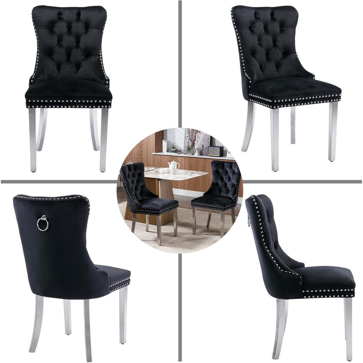 Samt Esszimmerstühle 4er Set mit Edelstahlbeinen Schwarz