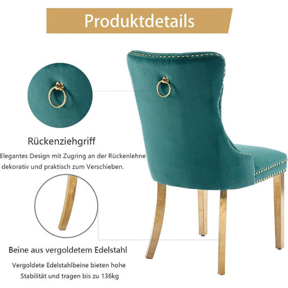 8x Samt Esszimmerstühle mit goldenen Beinen, Grün