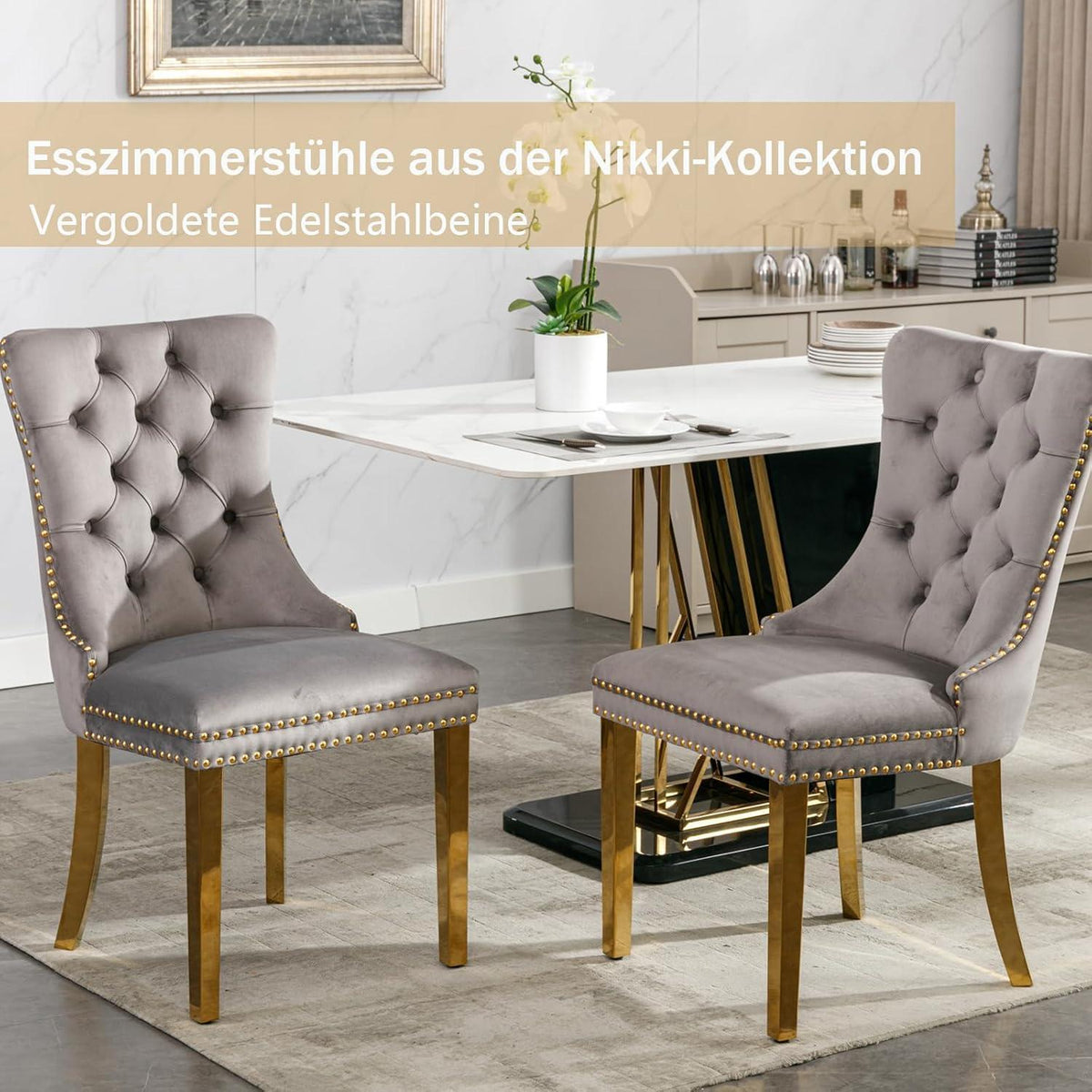 Samt Esszimmerstühle 4er Set mit goldenen Beinen