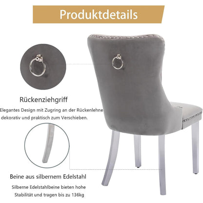 8x Samt Esszimmerstühle mit Edelstahlbeinen – Grau