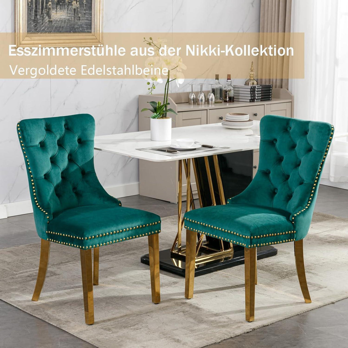 Samt Esszimmerstühle 4er Set mit goldenen Beinen, Grün