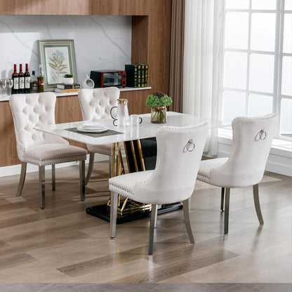 Samt Esszimmerstühle 6er Set mit Edelstahlbeinen – Beige