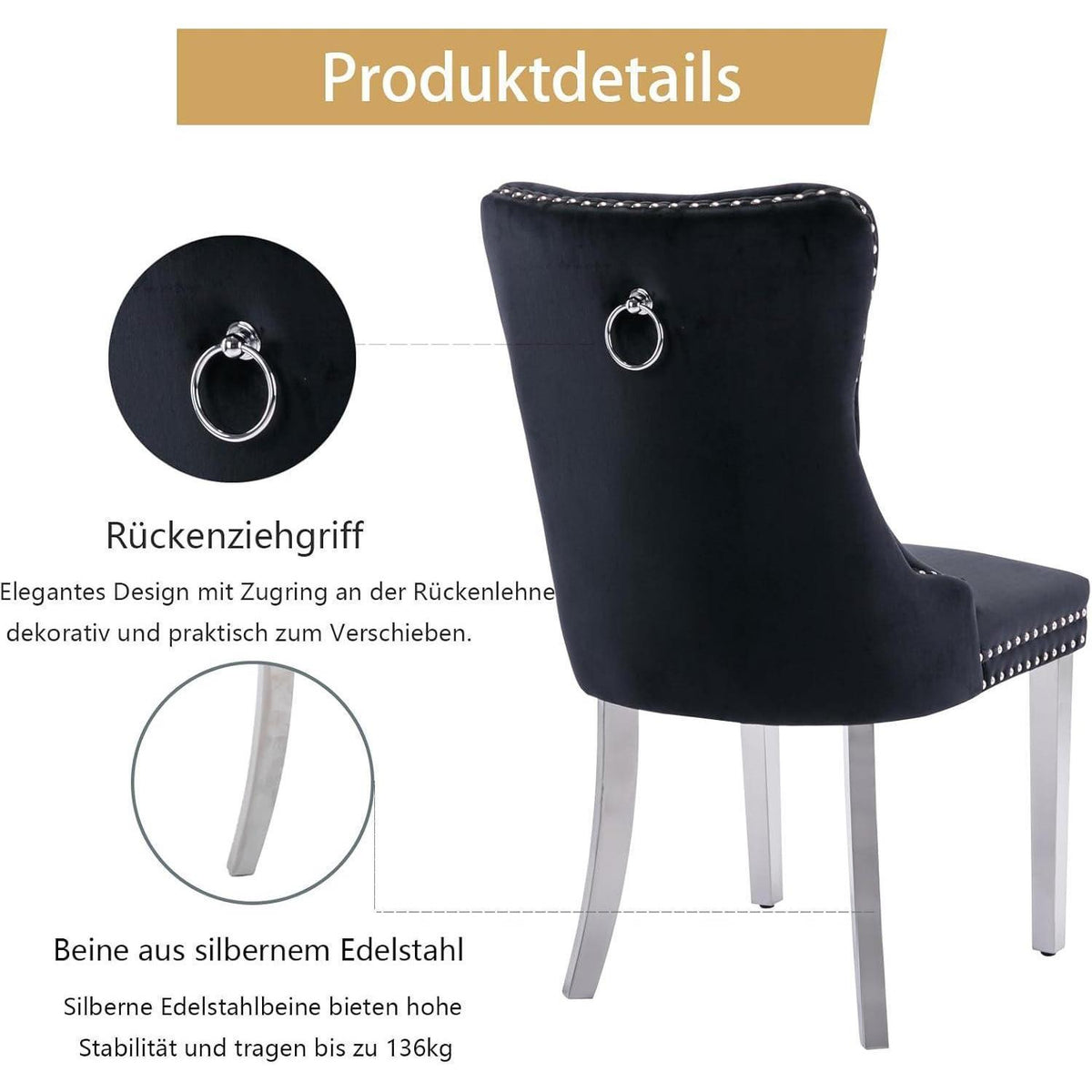 Samt Esszimmerstühle 2er Set mit Edelstahlbeinen Schwarz
