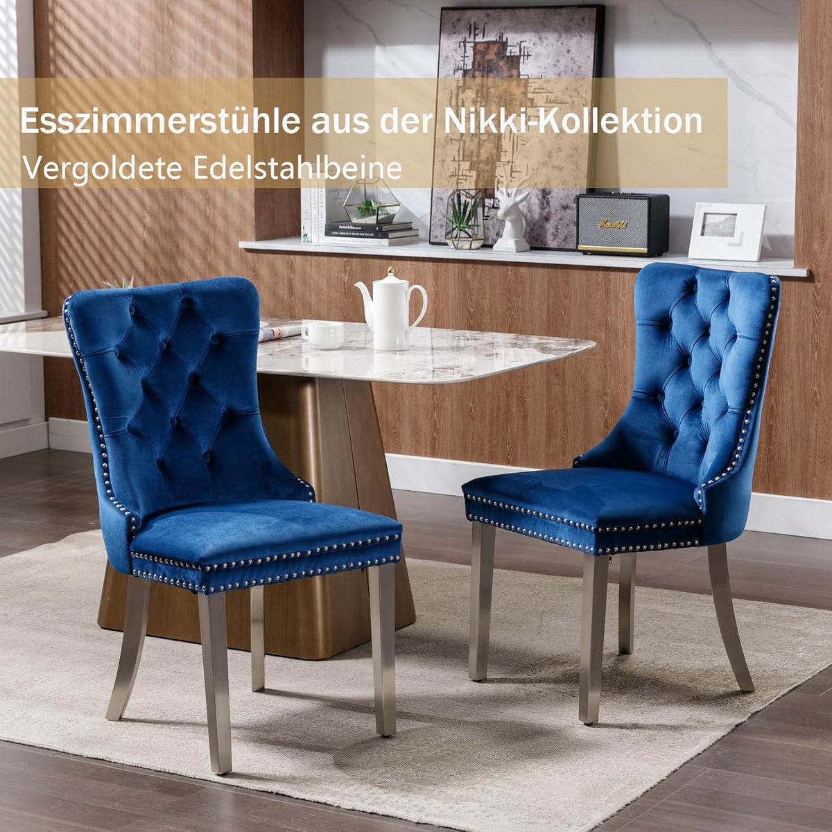 Samt Esszimmerstühle 2er Set mit Edelstahlbeinen (Blau)