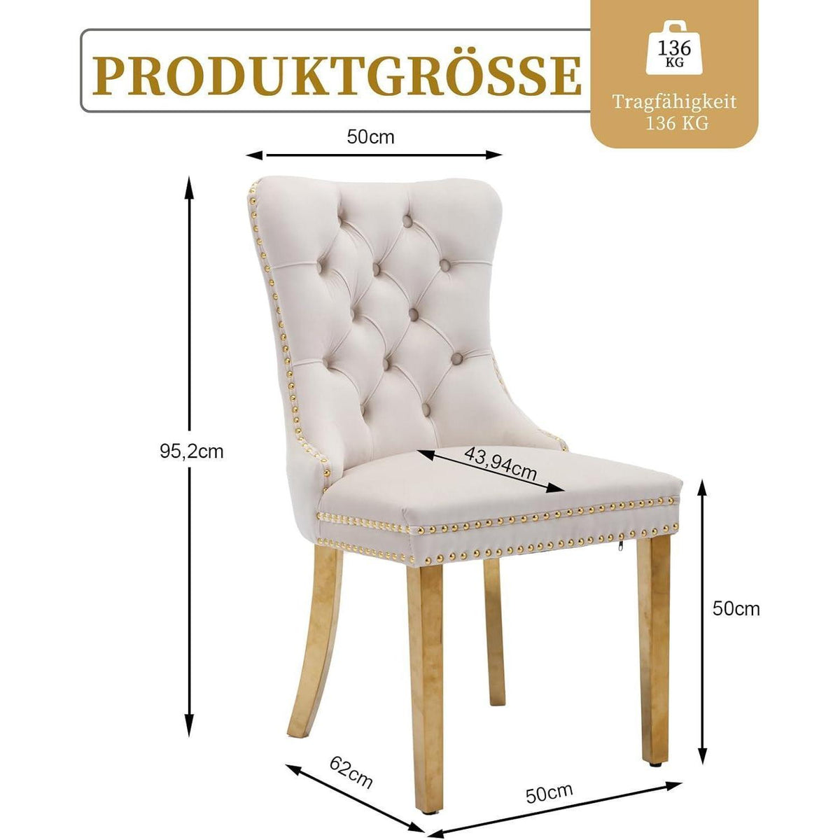 8x Samt Esszimmerstühle mit goldenen Beinen – Beige