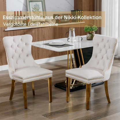 8x Samt Esszimmerstühle mit goldenen Beinen – Beige
