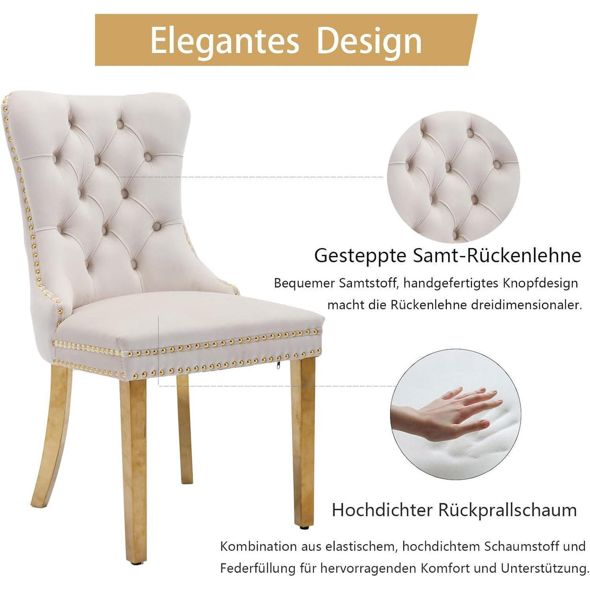 8x Samt Esszimmerstühle mit goldenen Beinen – Beige