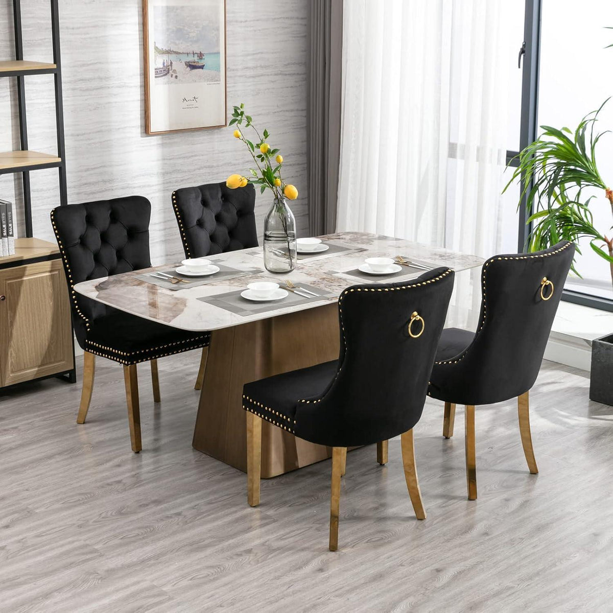 Samt Esszimmerstühle 4er Set mit goldenen Beinen
