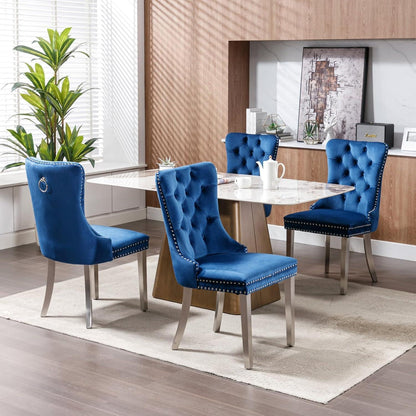 Samt Esszimmerstühle 4er Set mit Edelstahlbeinen (Blau)