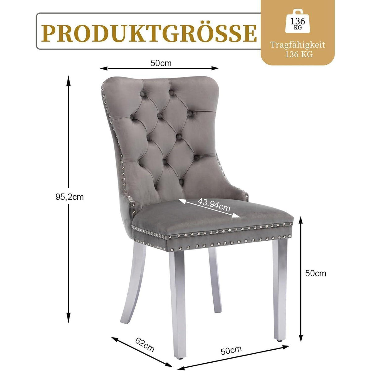 Samt Esszimmerstühle 4er Set mit Edelstahlbeinen (Grau)