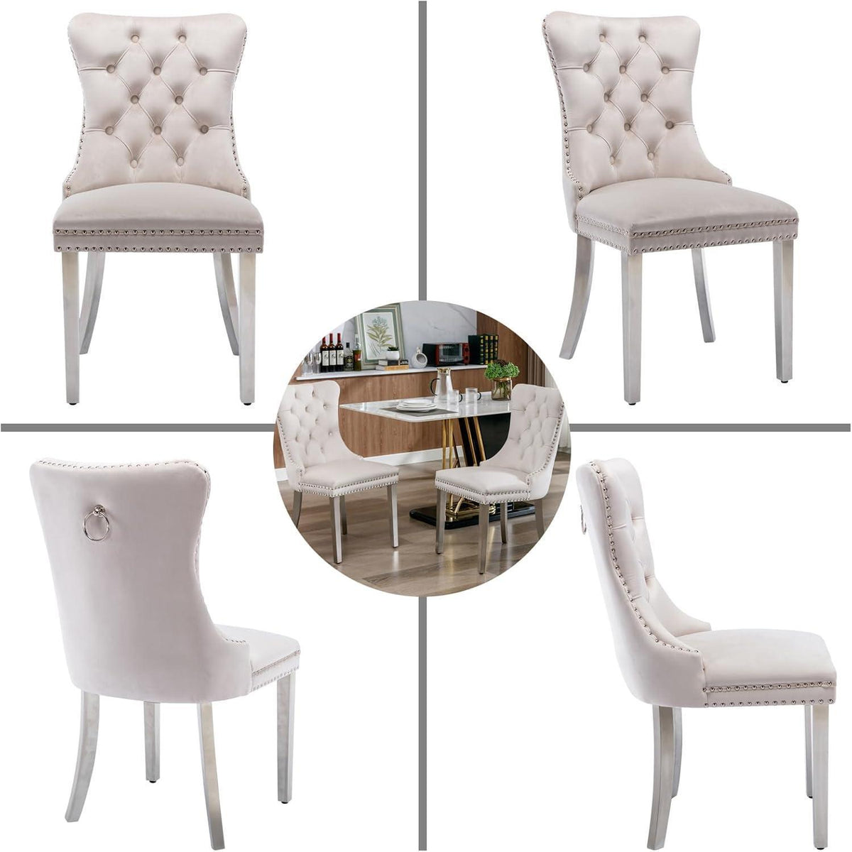 Gepolsterte Esszimmerstühle 2er-Set, Beige mit Edelstahlbeinen