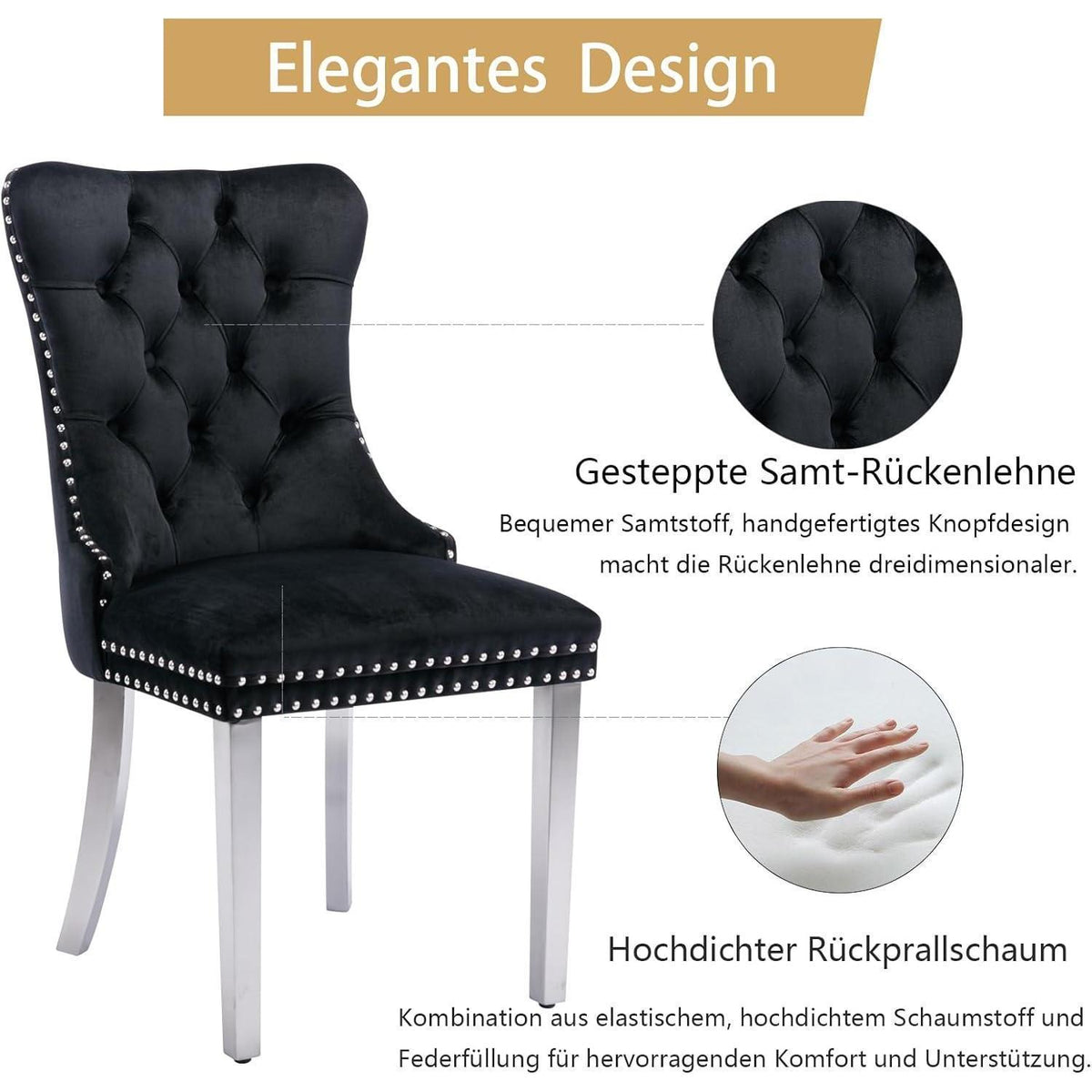8x Samt Esszimmerstühle mit Edelstahlbeinen Schwarz