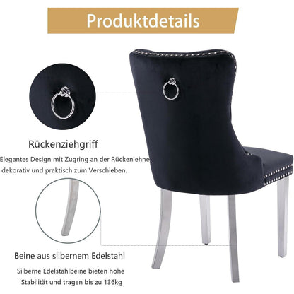 8x Samt Esszimmerstühle mit Edelstahlbeinen Schwarz