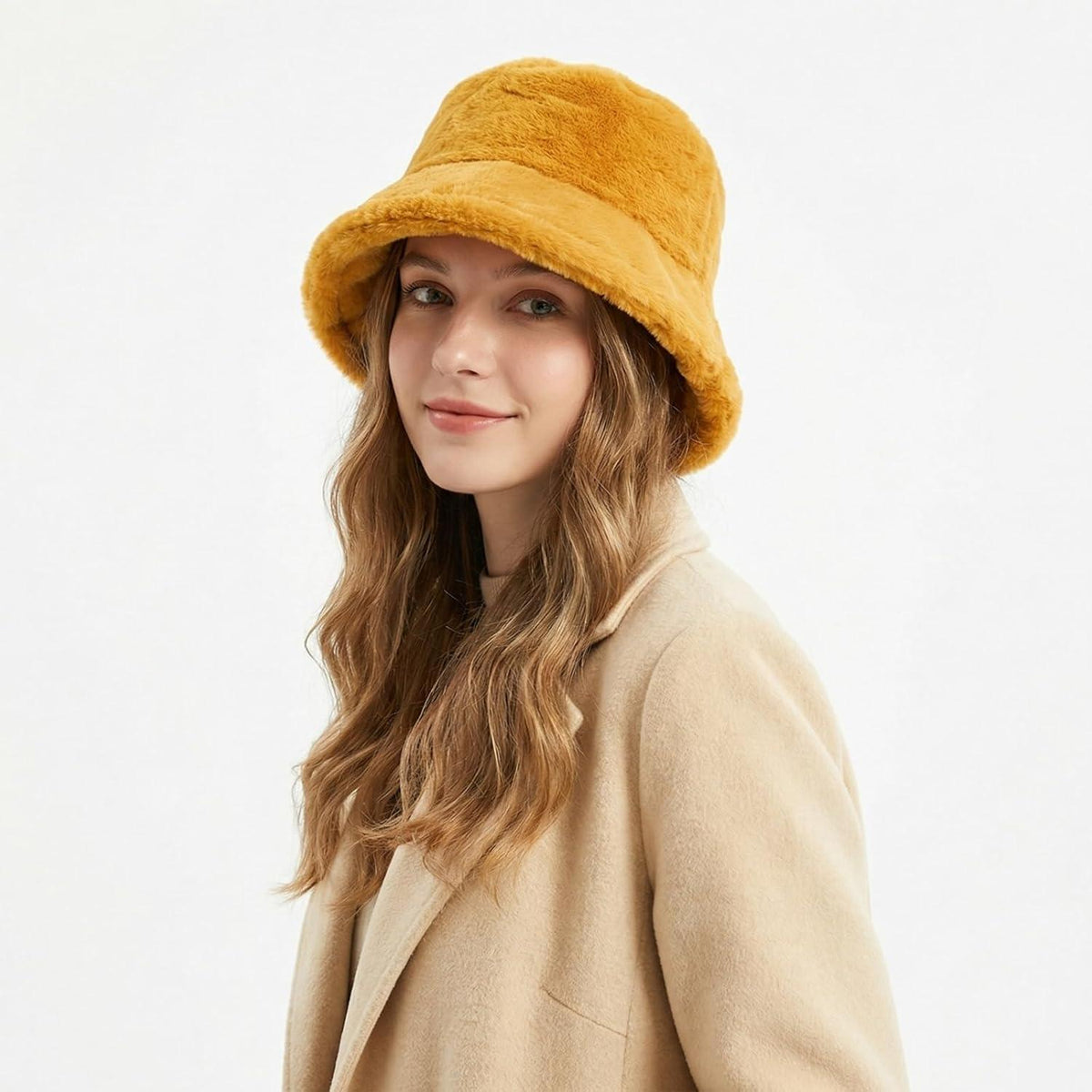 Flauschige Winter Fischerhut Damen Gelb – Warm & Verstellbar