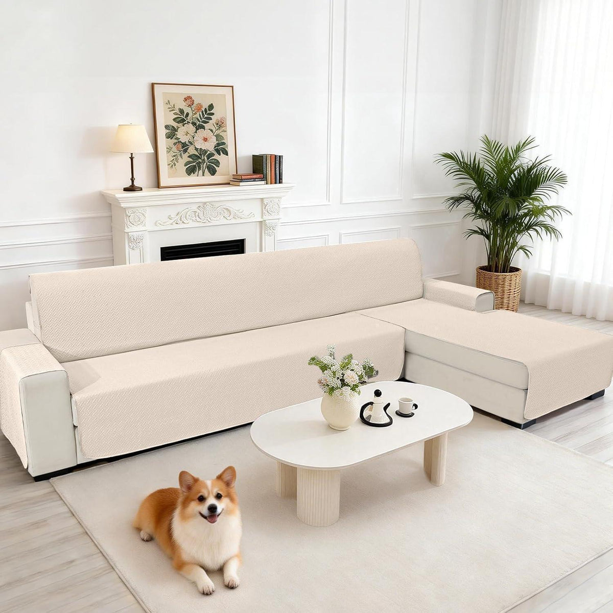 Wasserdichter Sofabezug L-Form 4 Sitzer – Beige, Rutschfest & Waschbar