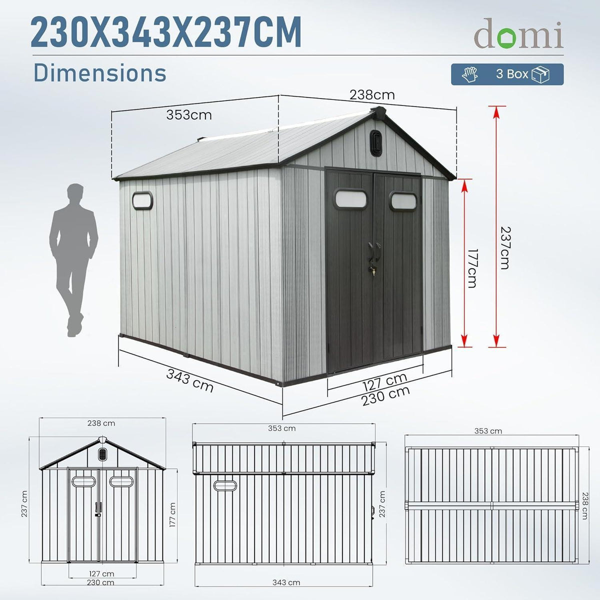Gartenhaus Kunststoff Grau – 2,4 x 3,6 m, Gerätehaus