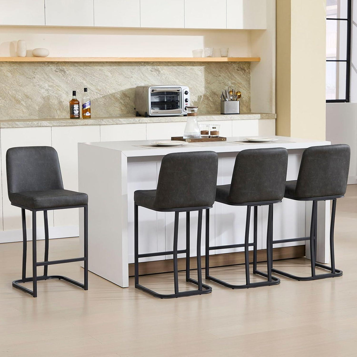 Barhocker Set 4 Grau – Gepolsterte Tresenstühle mit Metallbein