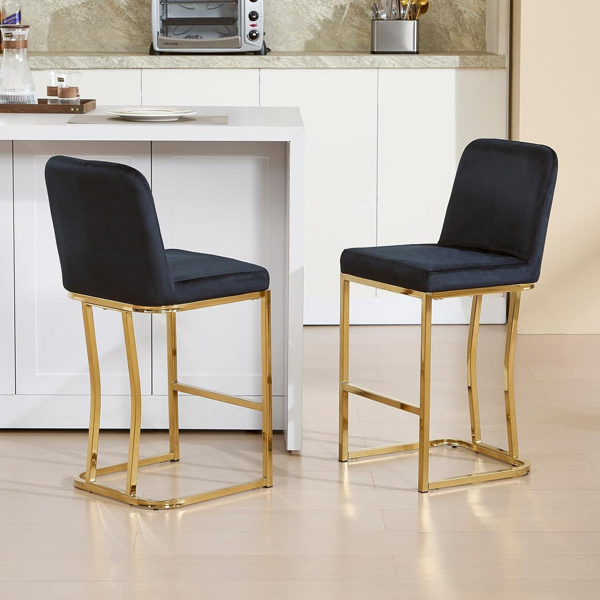 Barhocker Set 4er – Samt, Goldbein, Schwarz