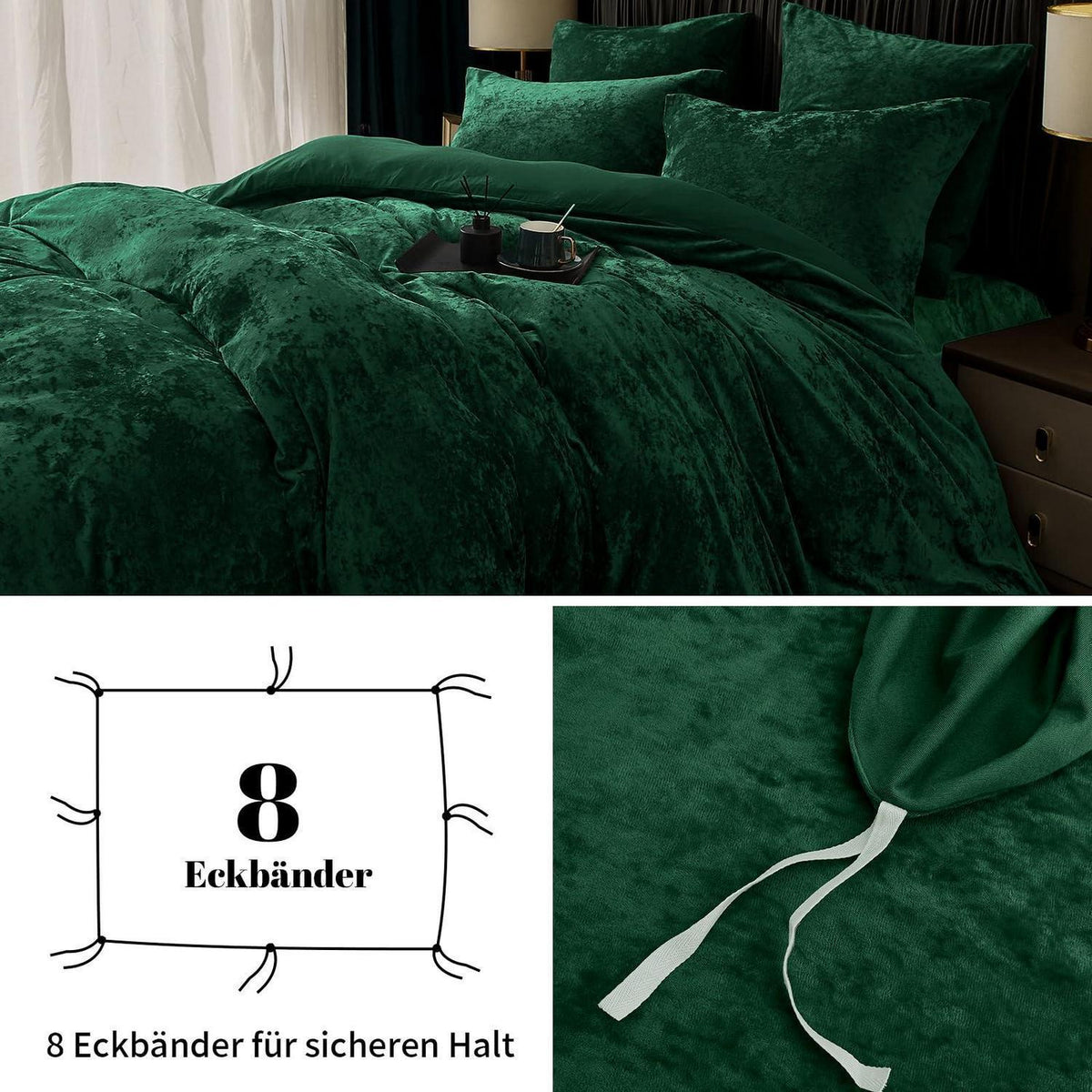 Samt Bettwäsche Set 135x200 Smaragd Grün, 4-teilig