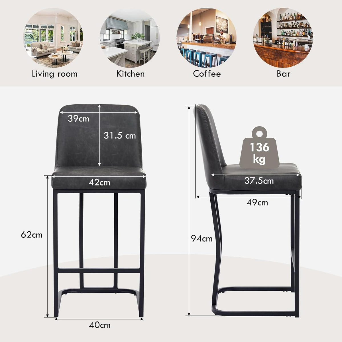 Barhocker Set Grau – Gepolsterte Tresenstühle mit Metallbein