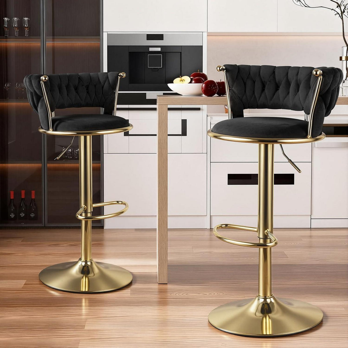 Höhenverstellbarer Barhocker 2er Set mit geflochtener Rückenlehne