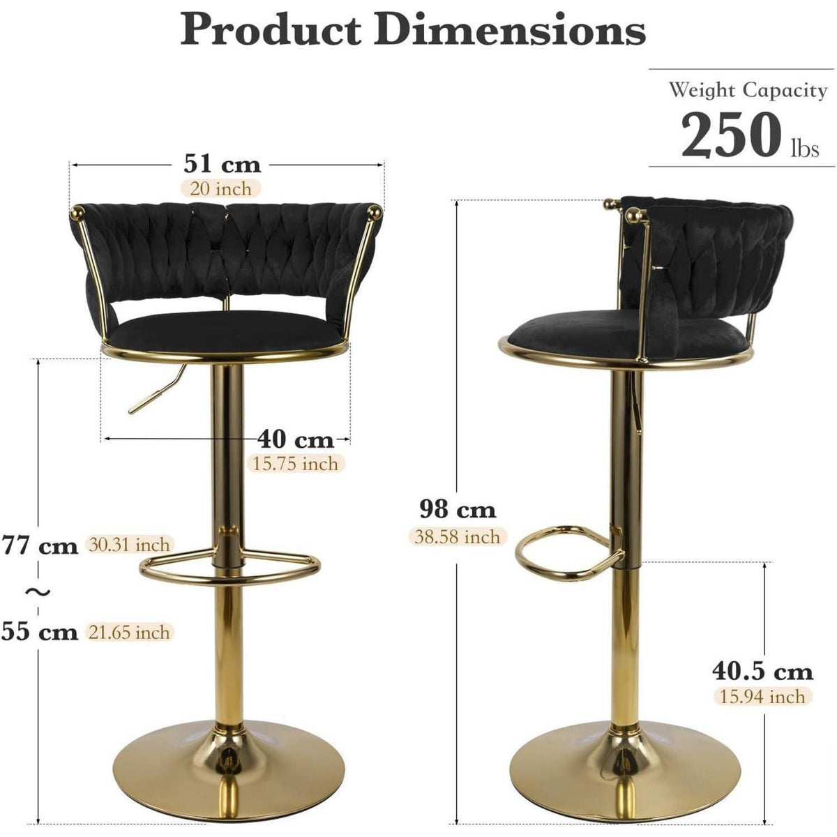 Höhenverstellbarer Barhocker 2er Set – Gold/Schwarz