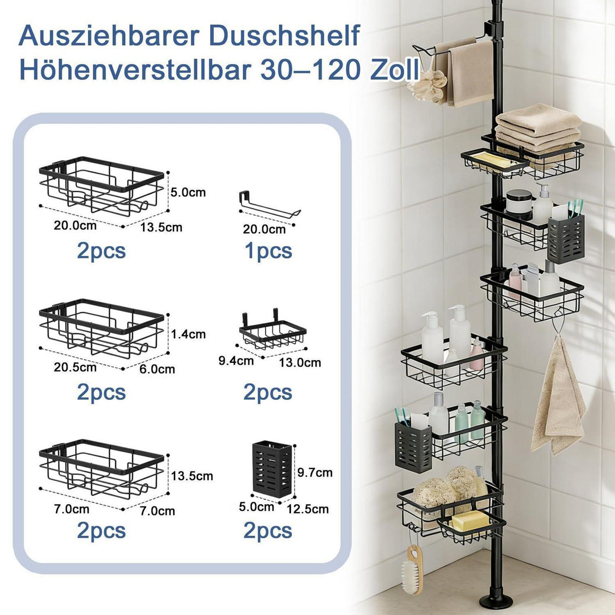 Teleskop Duschregal ohne Bohren mit 6 Körben & Handtuchstange