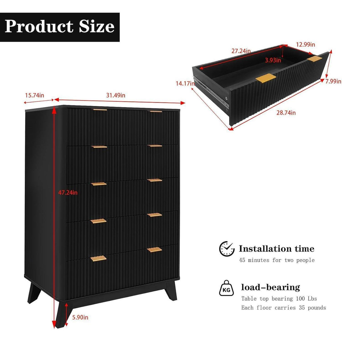 Schwarzes Sideboard mit 5 Schubladen – Modern & Viel Stauraum