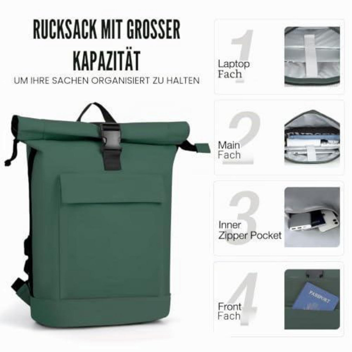 Rolltop Rucksack Dunkelgrün – Wasserdichter 17" Laptop Rucksack