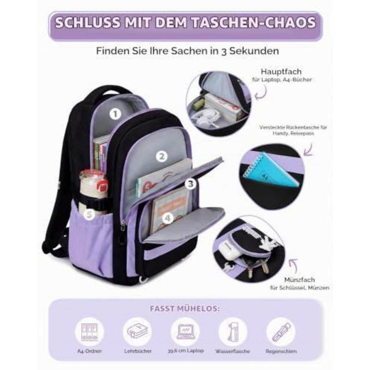 Schulrucksack Mädchen 3.-9. Klasse Schwarz-Lila | Trolley-Kompatibel & Wasserdicht