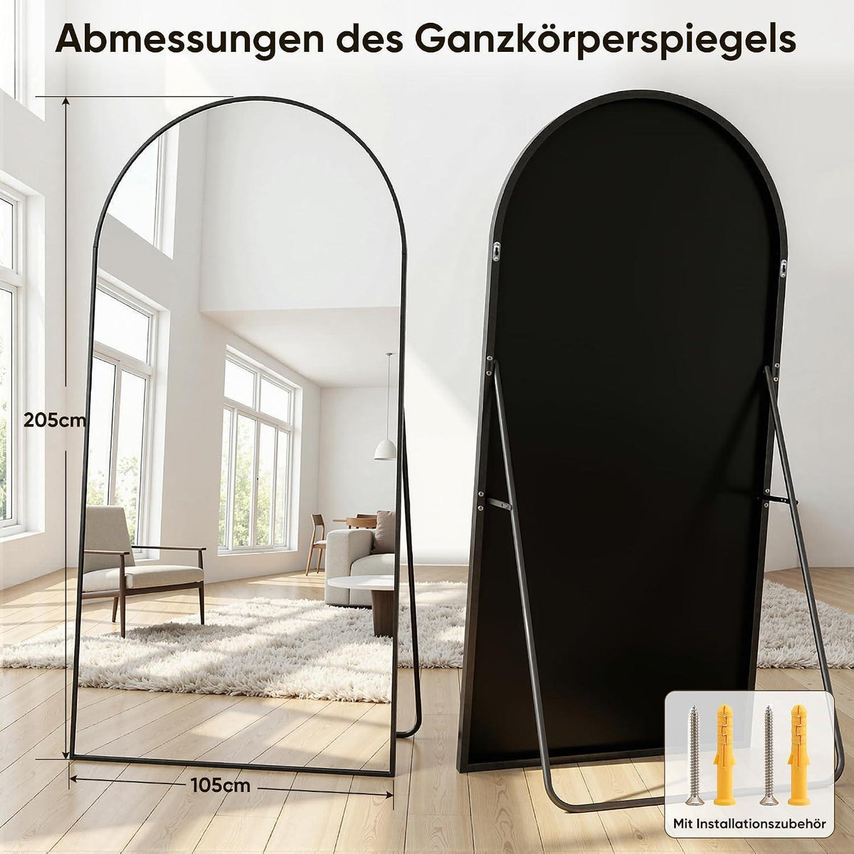 Ganzkörperspiegel gebogen, 206x105cm, Standspiegel Schwarz