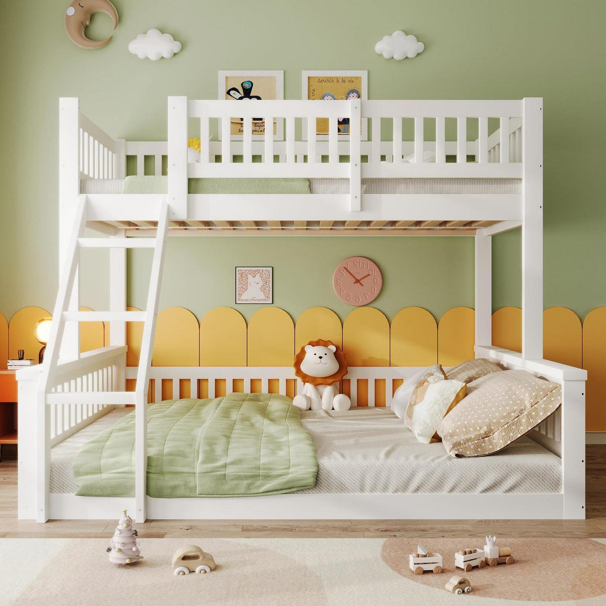 Oxtao Etagenbett 140x200 cm Hochbett mit Leiter und Rausfallschutz für 3 Kinder, Weiß, ohne Matratze