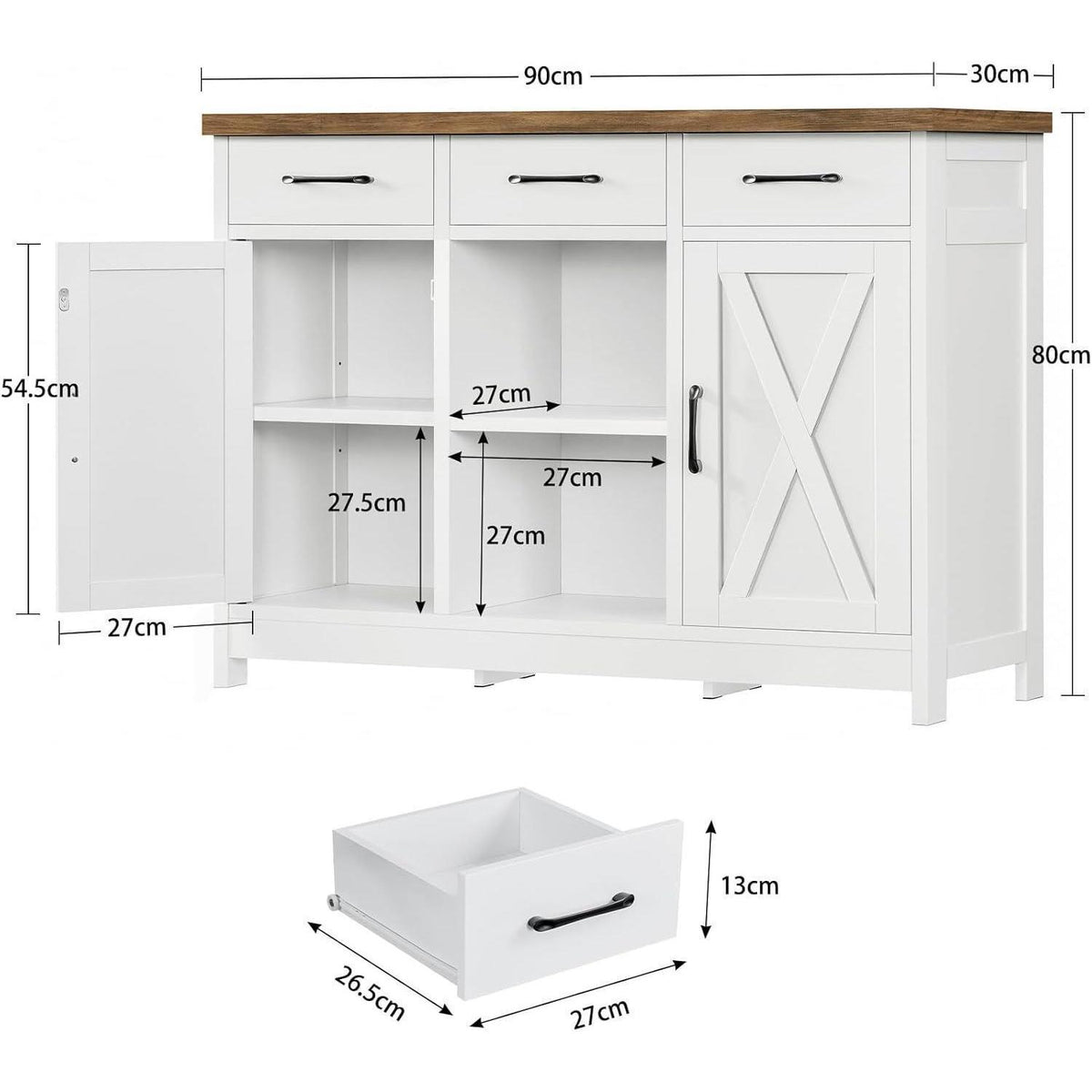 Sideboard mit Schubladen & Regalen – Weiß 90x30x80cm