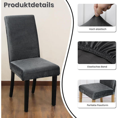 Samt Stuhlhussen 4er Set - Dunkelgrau, Stretch & Waschbar