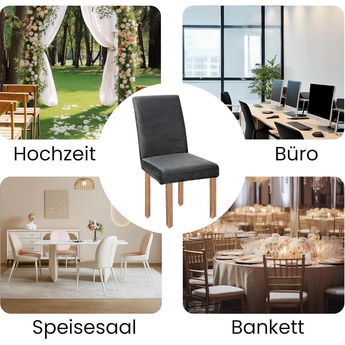 Samt Stuhlhussen 4er Set - Dunkelgrau, Stretch & Waschbar