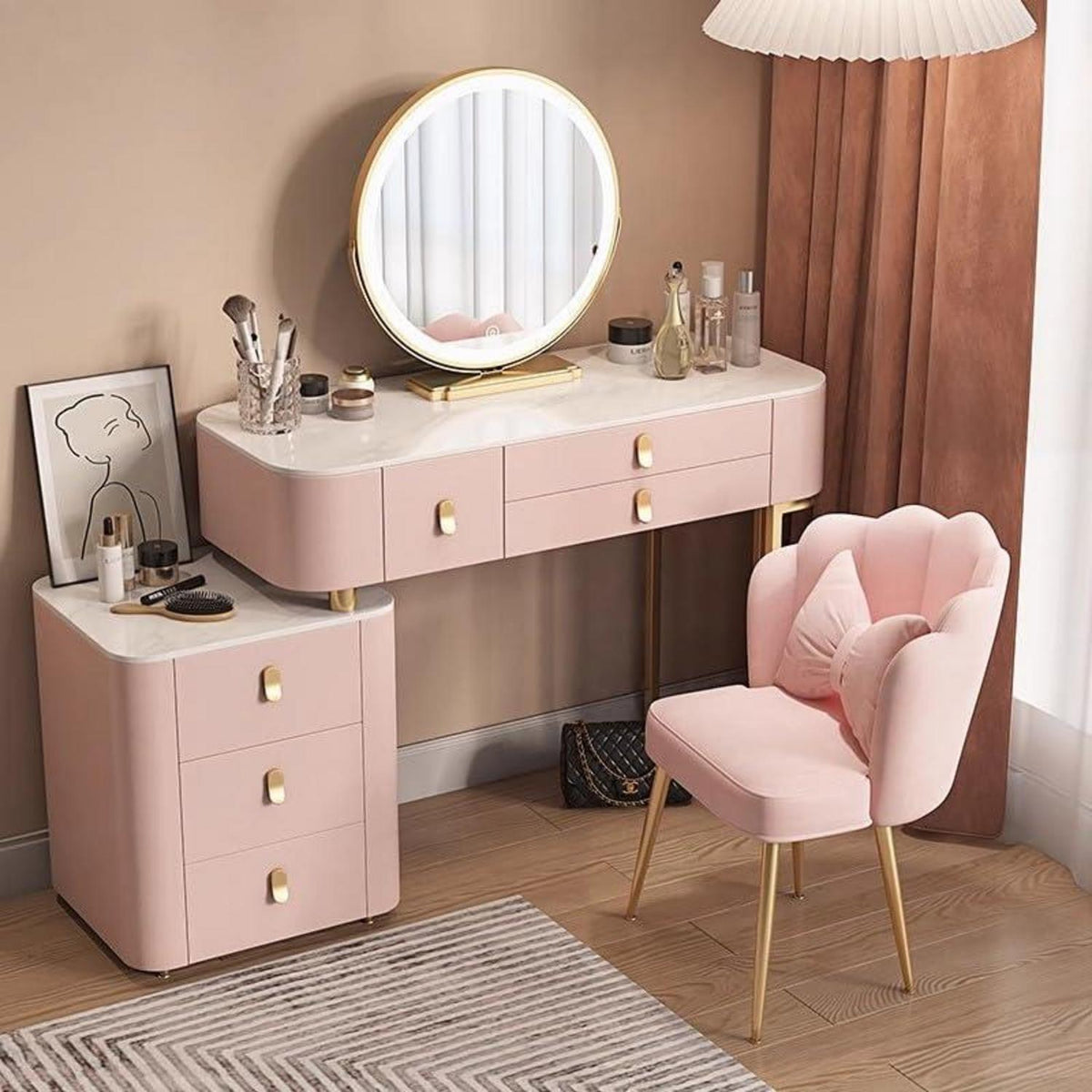 Rosa Schminktisch Set mit Spiegel & Hocker – 80cm