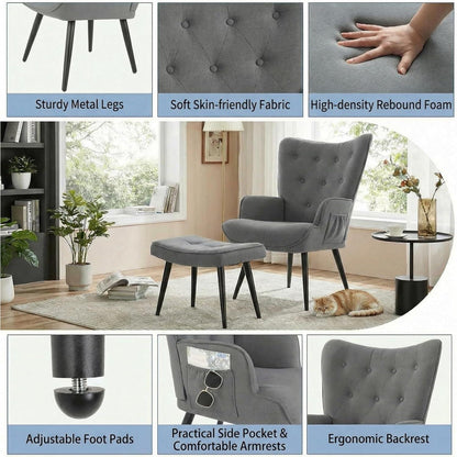 Gemütlicher Ohrensessel mit Hocker – Grau, Chenille & Ablagetasche