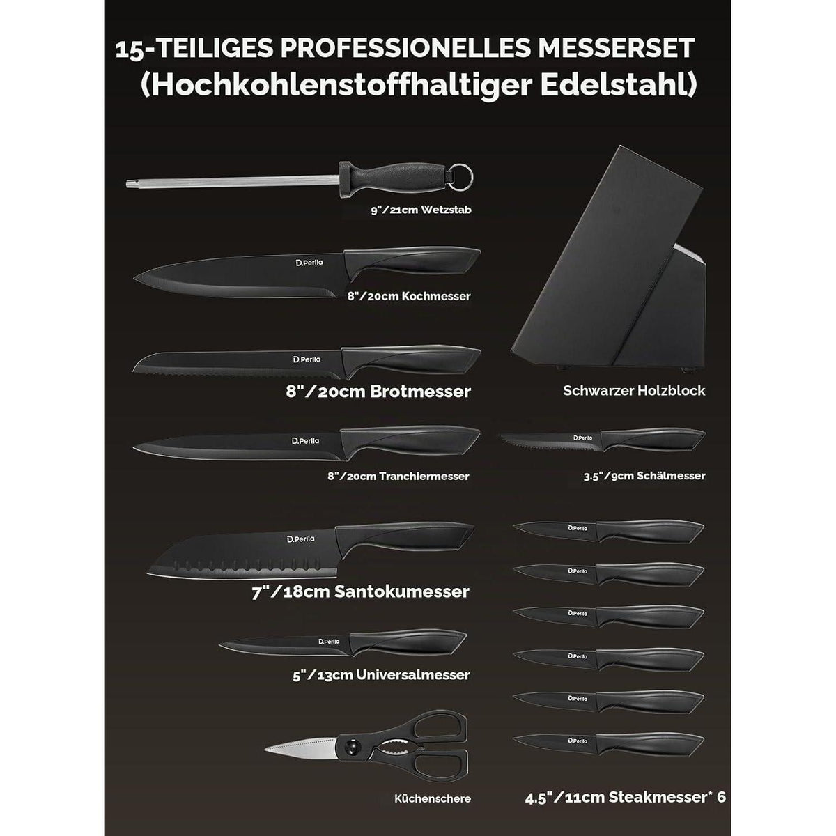 15-teiliges Edelstahl Messerblock Set – Scharf & Antihaftbeschichtet