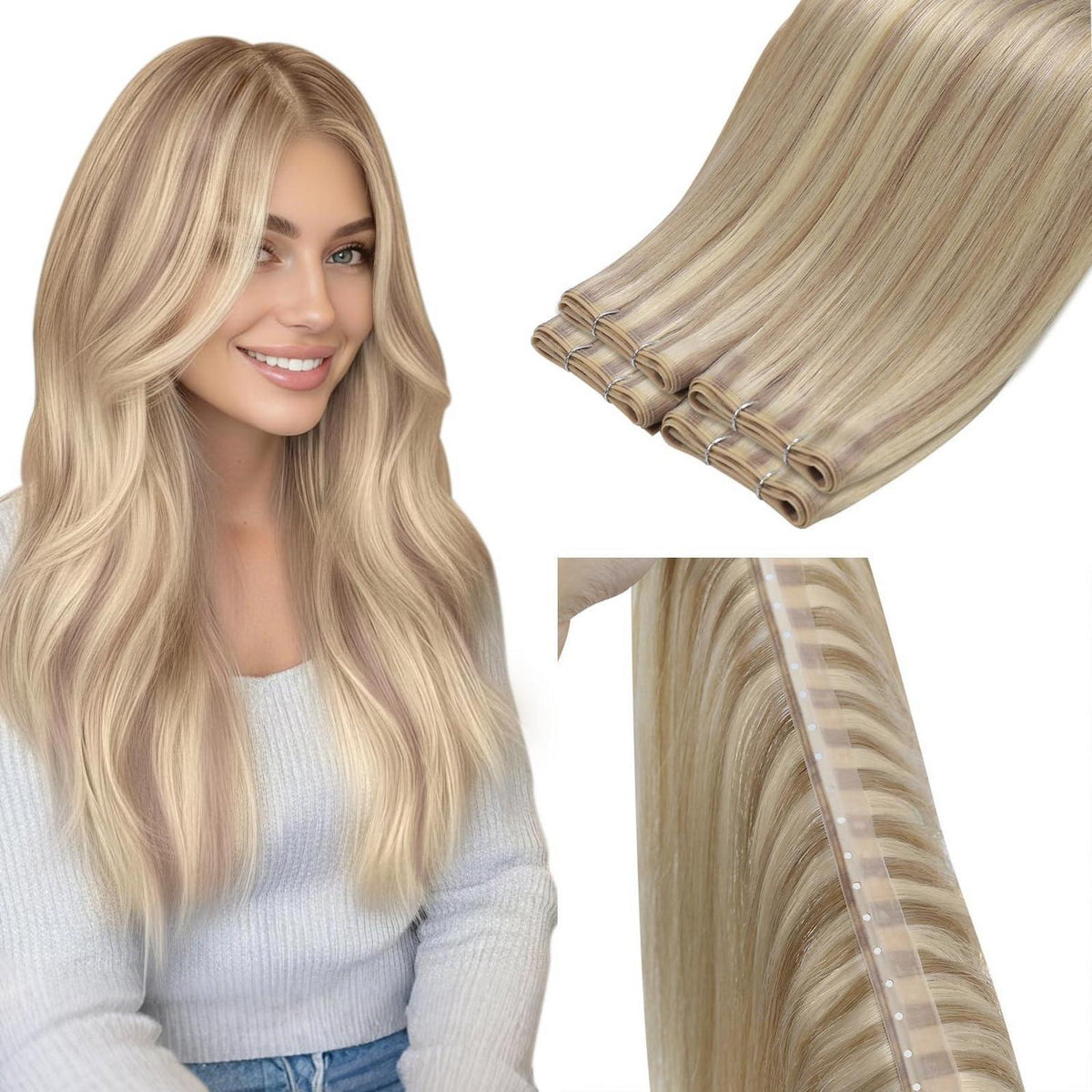 Echthaar Tressen Set Aschblond – Unsichtbare Weft Extensions 40cm