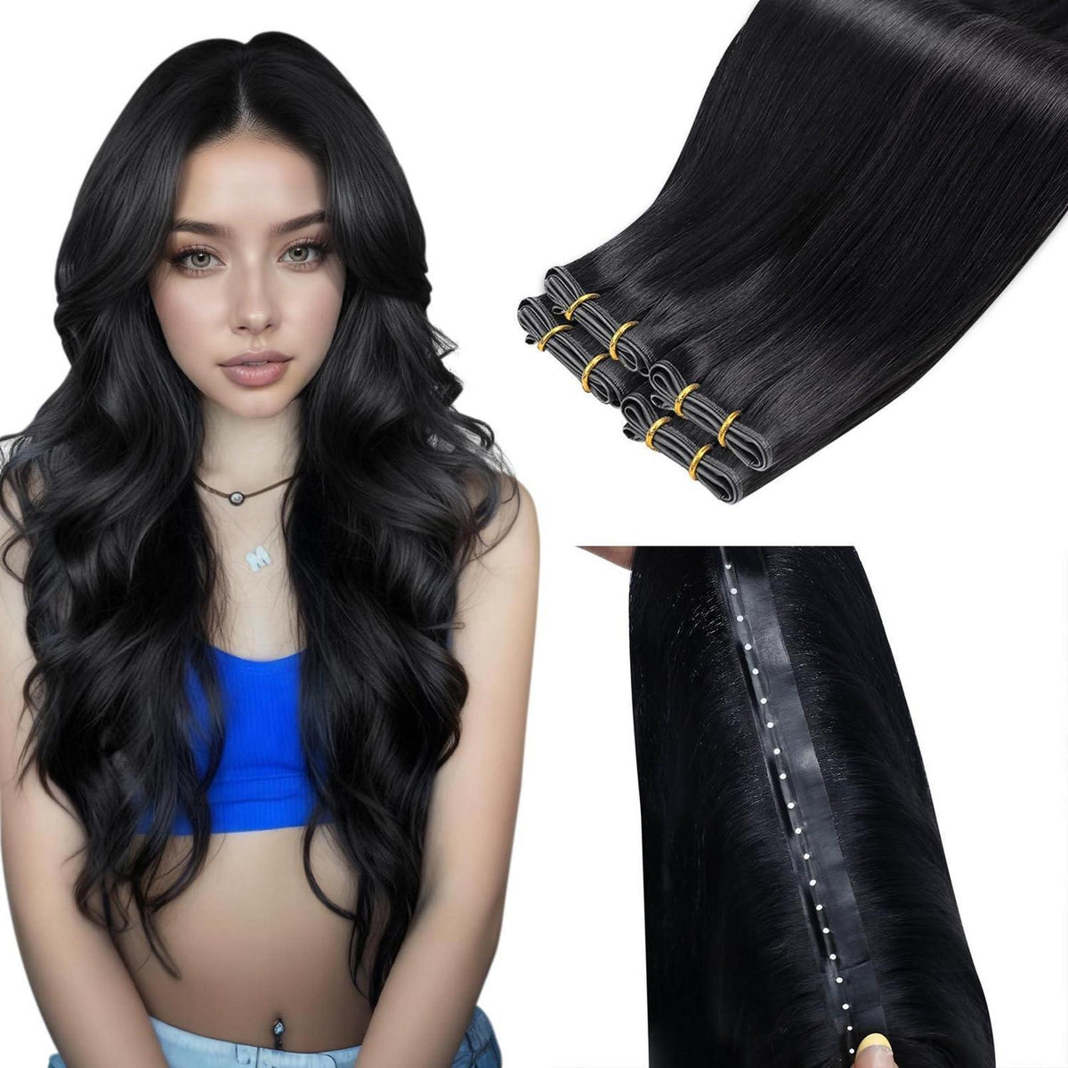 Echthaar Tressen Schwarz – Unsichtbare Weft Extensions 40cm