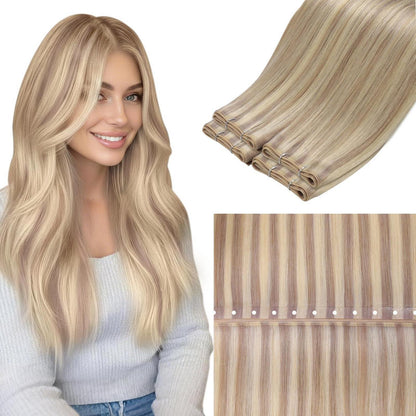 Echthaar Tressen Aschblond 50cm – Unsichtbare Einnähtressen