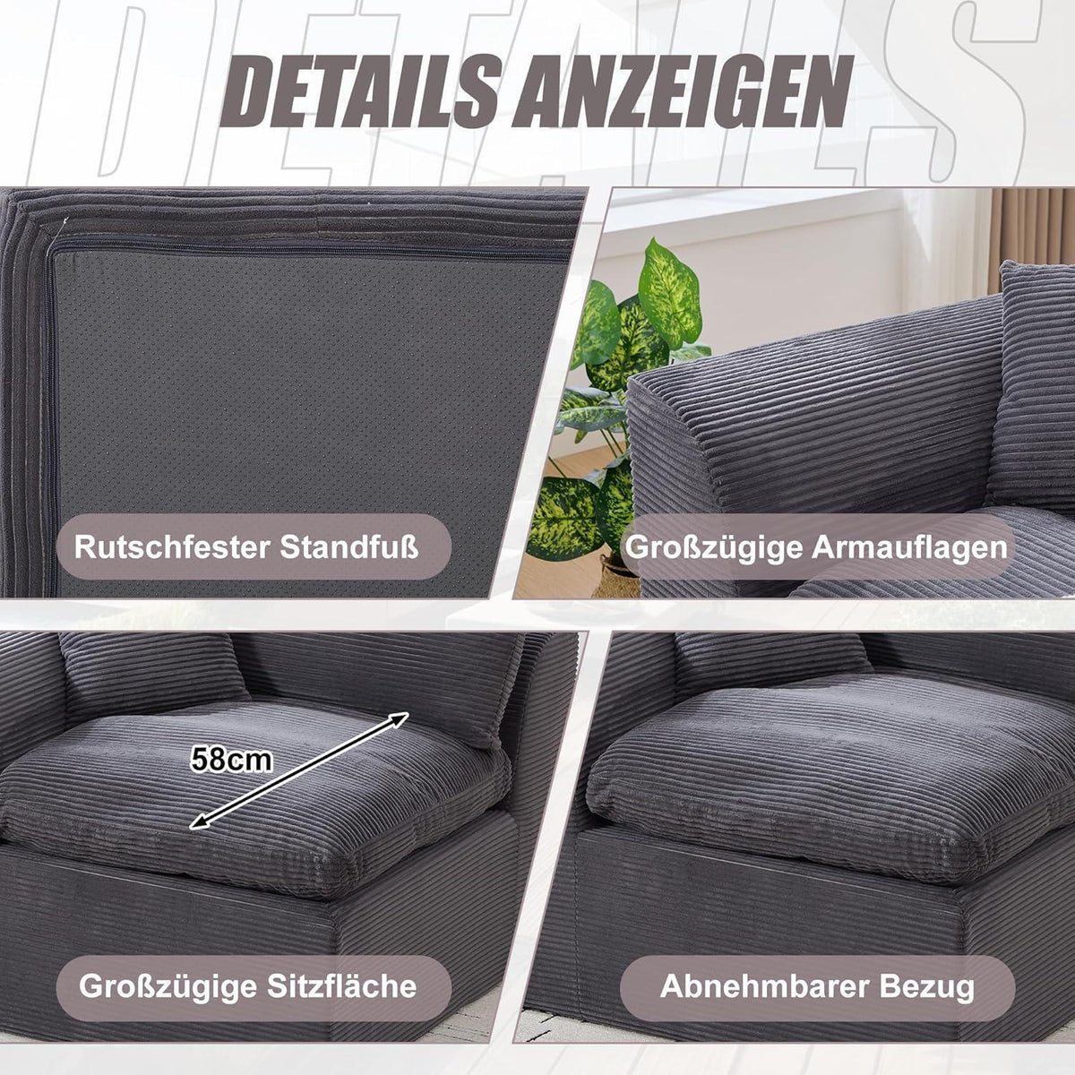 Compressed Sofa Einzelsitzer Cordstoff - Dunkelgrau & Kombinierbar