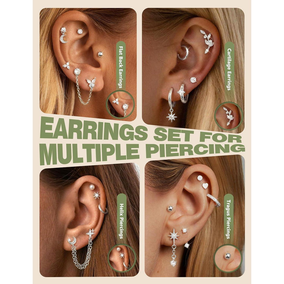 Helix Piercing Set | 21tlg. Ohrringe aus Chirurgenstahl & Gold