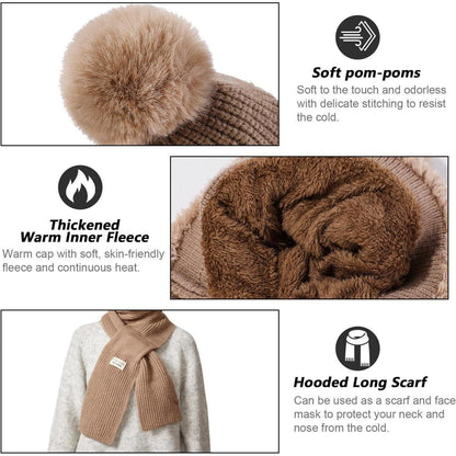 Thermo Wintermütze Damen 3in1 mit Halswärmer & Bommel
