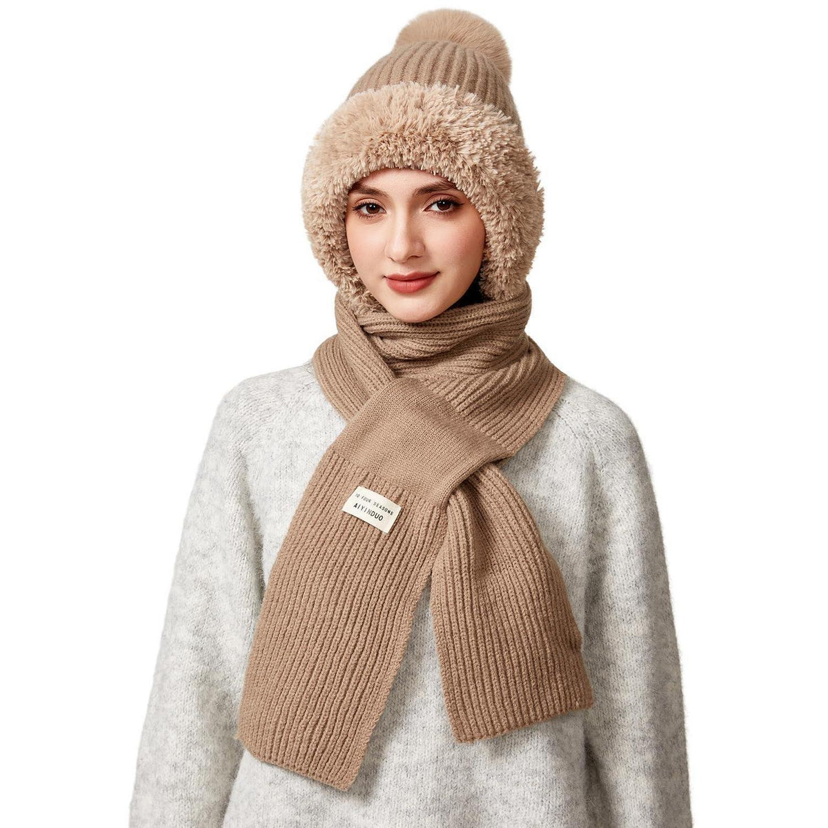 Thermo Wintermütze Damen 3in1 mit Halswärmer & Bommel