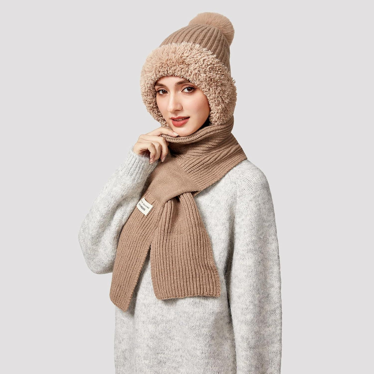 Thermo Wintermütze Damen 3in1 mit Halswärmer & Bommel
