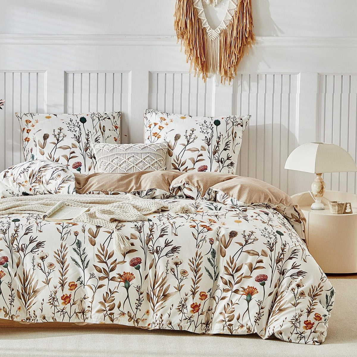 Bettwäsche-Set 240x220 - Mikrofaser mit Blumenmuster, Beige