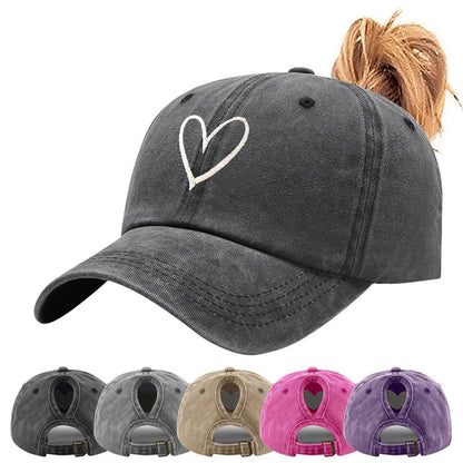 Pferdeschwanz Baseball Cap Herz Stickerei Damen Verstellbar